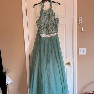 Sage Green Formal Dress with Sequencing on Front & Back